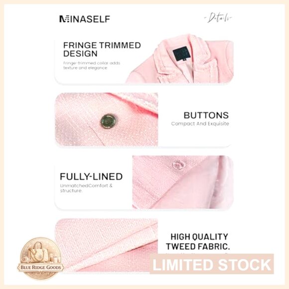 Tweed Blazer Jacket Elegant Cropped Fringe Trim Business Casual Fully Lined - Picture 6 of 7